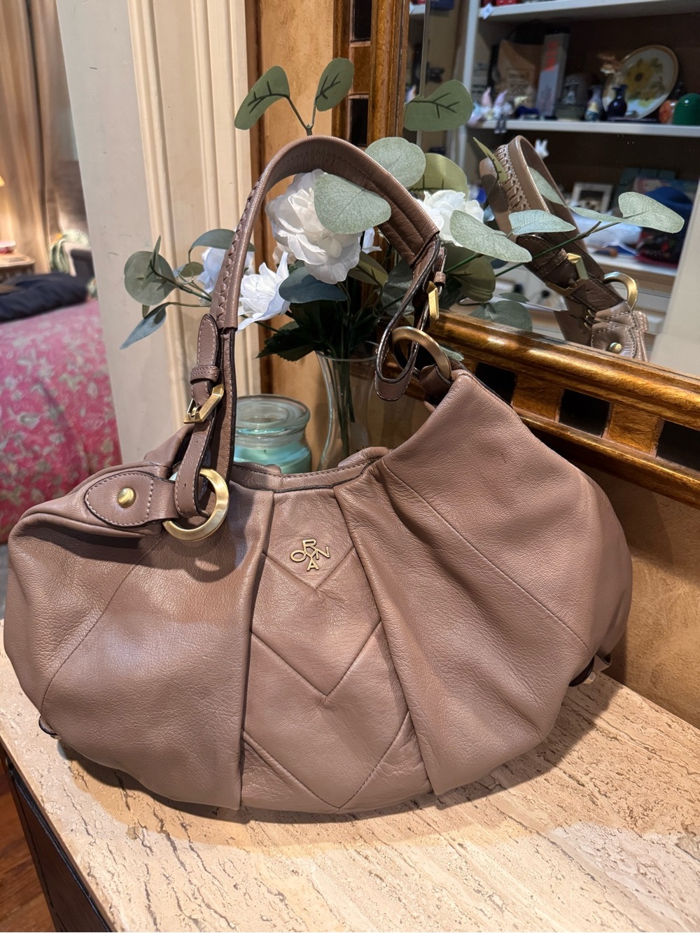 orYANY Taupe Shoulder Bag with Gold Hardware